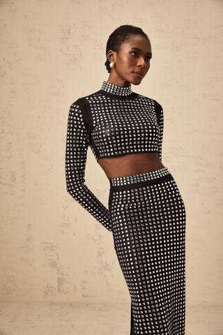 Vera Rhinestone Mesh Top and Skirt Set — Black