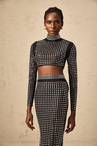 Vera Rhinestone Mesh Top and Skirt Set — Black
