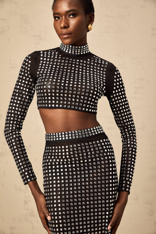 Vera Rhinestone Mesh Top and Skirt Set — Black