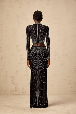 Phillis Rhinestone Mesh Top and Maxi Skirt Set — Black