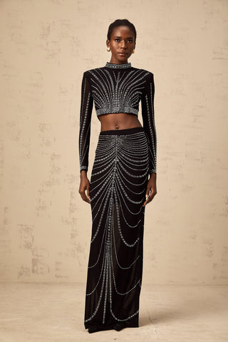 Phillis Rhinestone Mesh Top and Maxi Skirt Set — Black