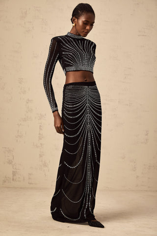 Phillis Rhinestone Mesh Top and Maxi Skirt Set — Black