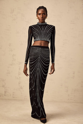 Phillis Rhinestone Mesh Top and Maxi Skirt Set — Black