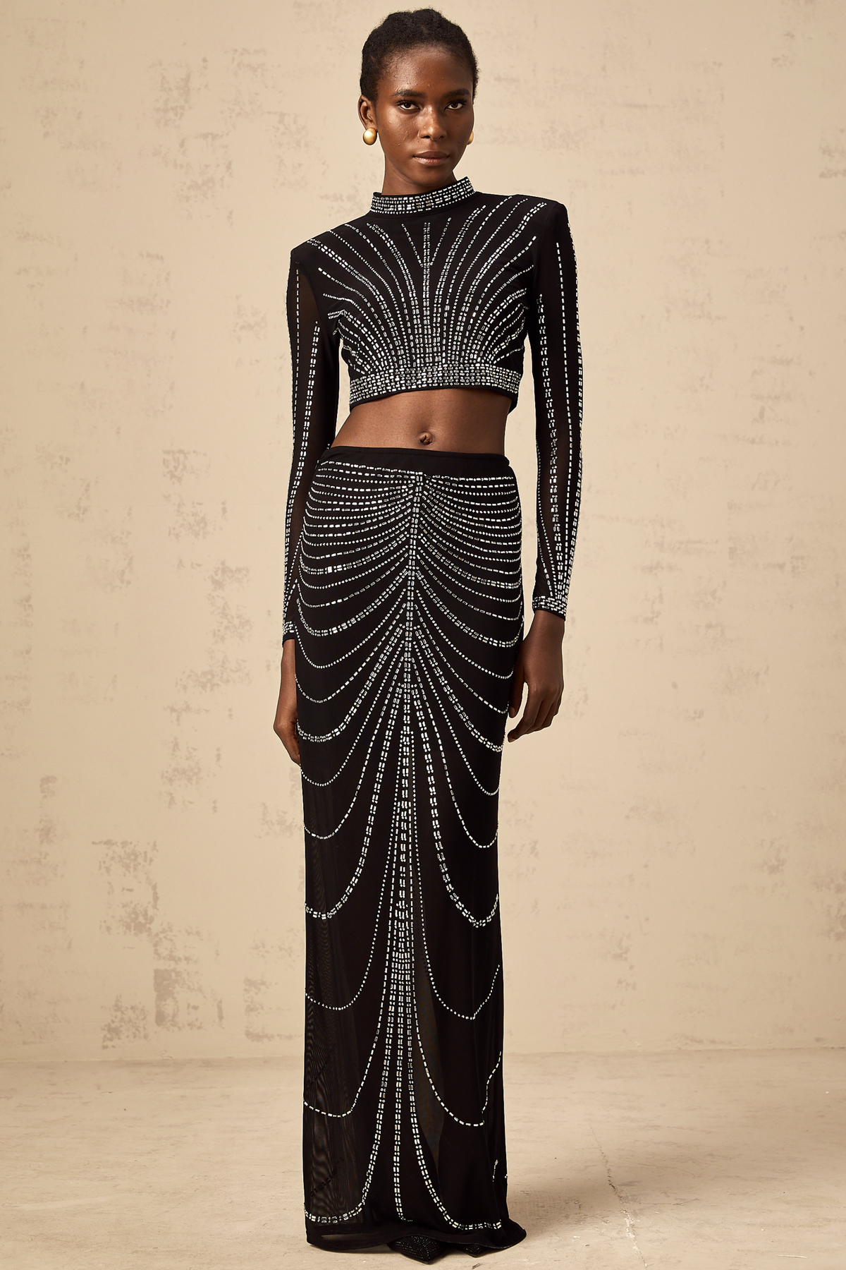 Phillis Rhinestone Mesh Top and Maxi Skirt Set — Black
