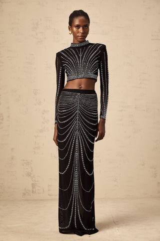 Phillis Rhinestone Mesh Top and Maxi Skirt Set — Black