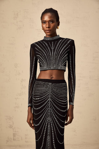 Phillis Rhinestone Mesh Top and Maxi Skirt Set — Black