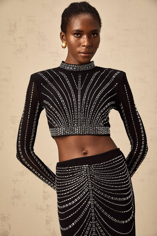 Phillis Rhinestone Mesh Top and Maxi Skirt Set — Black