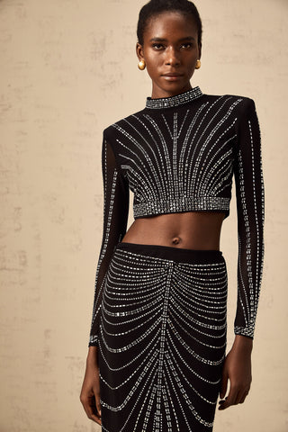 Phillis Rhinestone Mesh Top and Maxi Skirt Set — Black