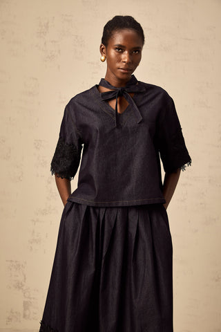 Abbie Lace-Trimmed Denim Top and Skirt Set