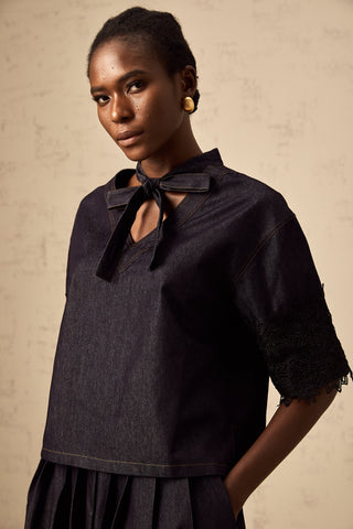 Abbie Lace-Trimmed Denim Top and Skirt Set