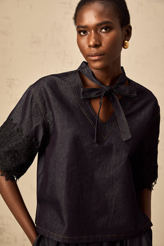 Abbie Lace-Trimmed Denim Top and Skirt Set