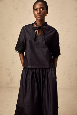 Abbie Lace-Trimmed Denim Top and Skirt Set