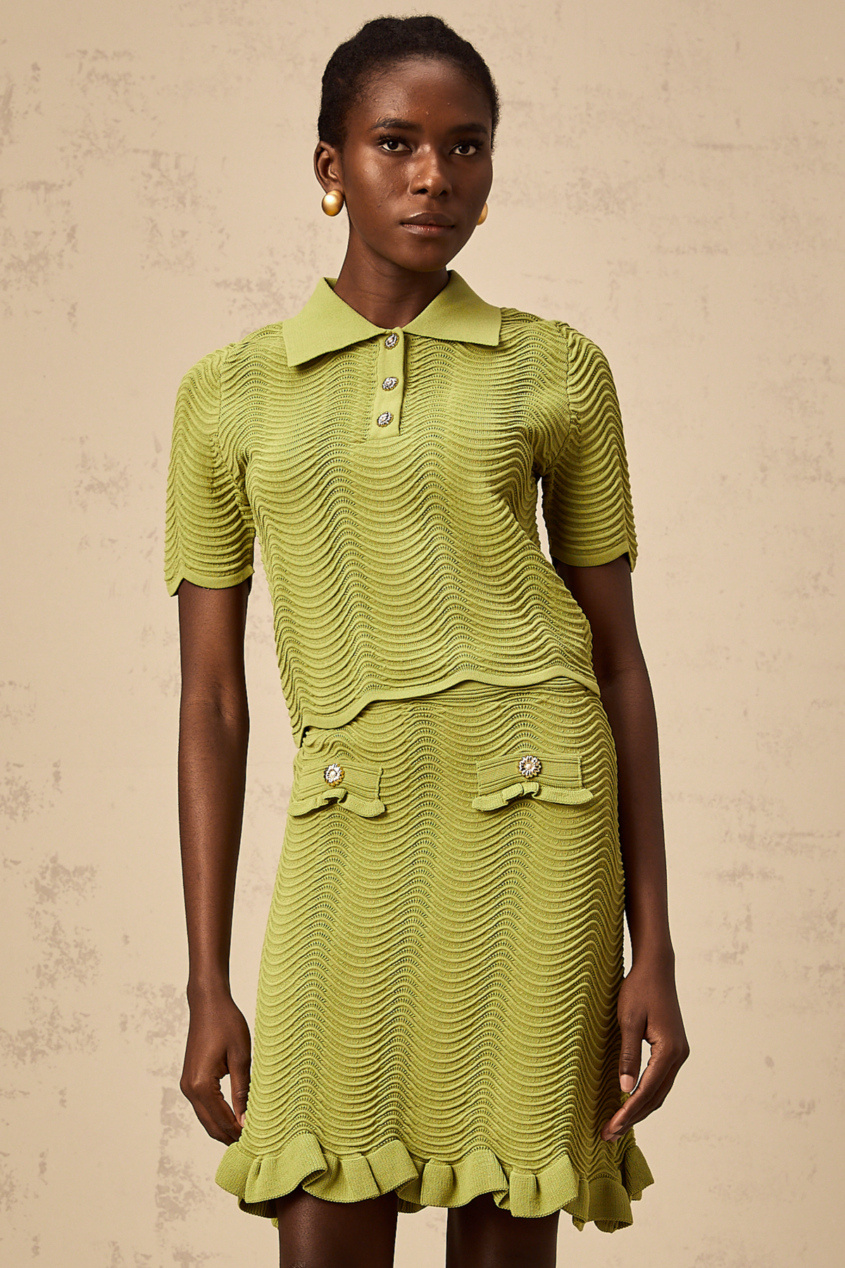 Urbaine Crochet Polo and Skirt Set — Olive Green