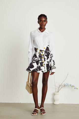 Léonor Floral Print Shirt and Skirt Set — Black & White