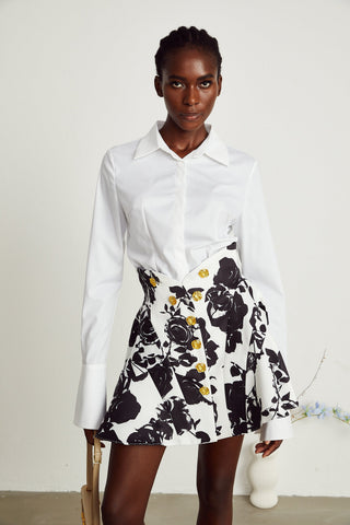Léonor Floral Print Shirt and Skirt Set — Black & White
