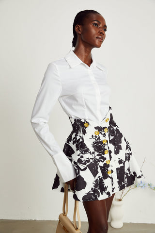 Léonor Floral Print Shirt and Skirt Set — Black & White