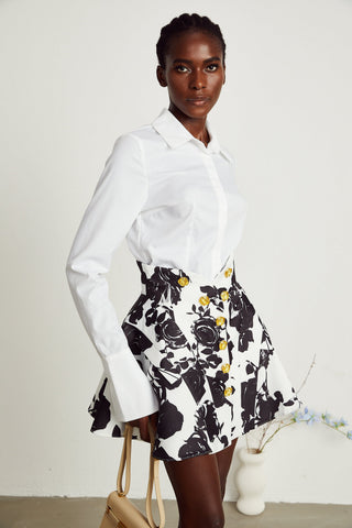 Léonor Floral Print Shirt and Skirt Set — Black & White