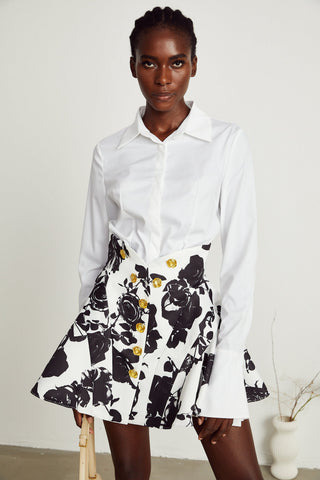 Léonor Floral Print Shirt and Skirt Set — Black & White