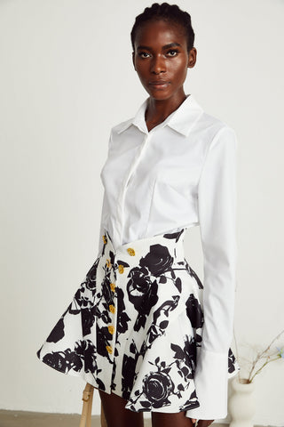 Léonor Floral Print Shirt and Skirt Set — Black & White