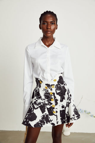 Léonor Floral Print Shirt and Skirt Set — Black & White