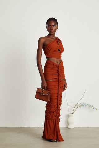 Célestine Twisted Cut-Out Top and Skirt Set — Brown