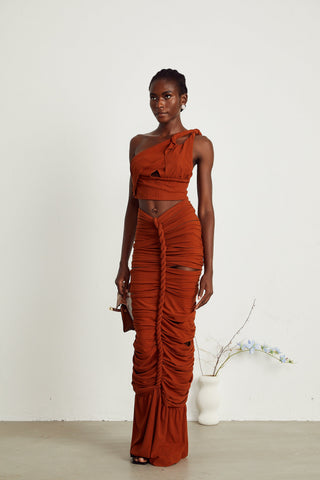 Célestine Twisted Cut-Out Top and Skirt Set — Brown