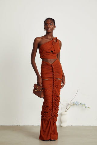Célestine Twisted Cut-Out Top and Skirt Set — Brown