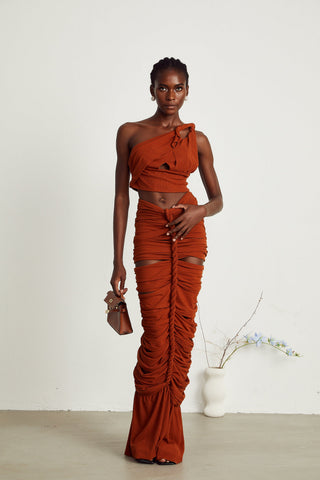 Célestine Twisted Cut-Out Top and Skirt Set — Brown