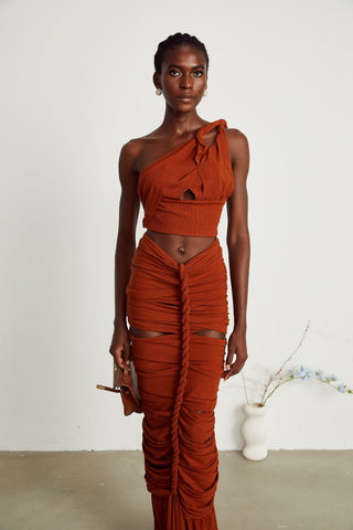 Célestine Twisted Cut-Out Top and Skirt Set — Brown