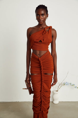 Célestine Twisted Cut-Out Top and Skirt Set — Brown