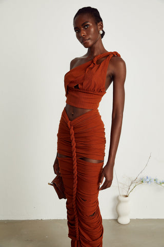 Célestine Twisted Cut-Out Top and Skirt Set — Brown