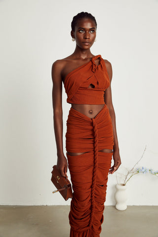 Célestine Twisted Cut-Out Top and Skirt Set — Brown