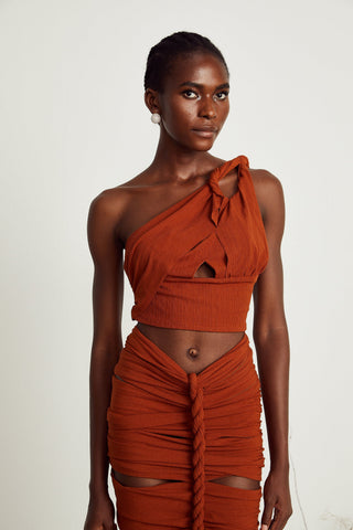 Célestine Twisted Cut-Out Top and Skirt Set — Brown