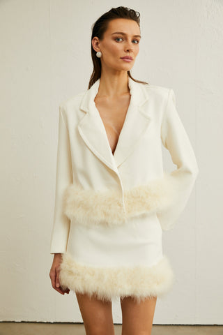 Valérie Feather-Hem Blazer and Skirt Set — White