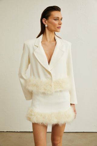 Valérie Feather-Hem Blazer and Skirt Set — White