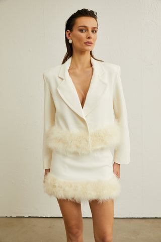 Valérie Feather-Hem Blazer and Skirt Set — White
