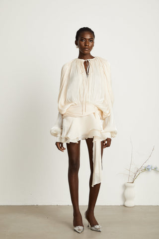Eugénie Pleated Ruffle Mini Dress — Neutral