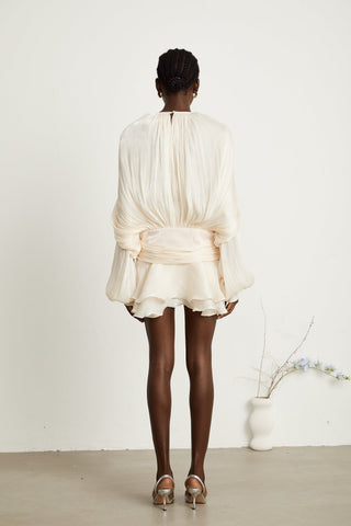 Eugénie Pleated Ruffle Mini Dress — Neutral