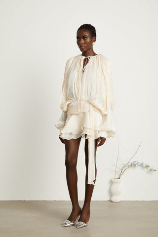 Eugénie Pleated Ruffle Mini Dress — Neutral
