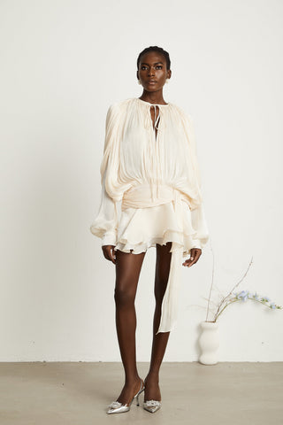 Eugénie Pleated Ruffle Mini Dress — Neutral