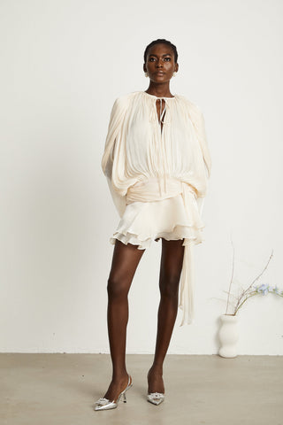 Eugénie Pleated Ruffle Mini Dress — Neutral