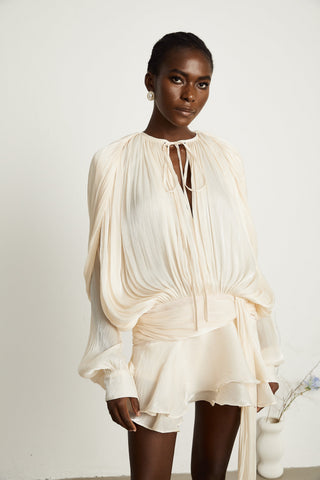 Eugénie Pleated Ruffle Mini Dress — Neutral