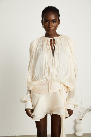 Eugénie Pleated Ruffle Mini Dress — Neutral
