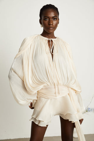 Eugénie Pleated Ruffle Mini Dress — Neutral