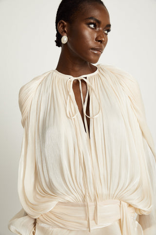Eugénie Pleated Ruffle Mini Dress — Neutral