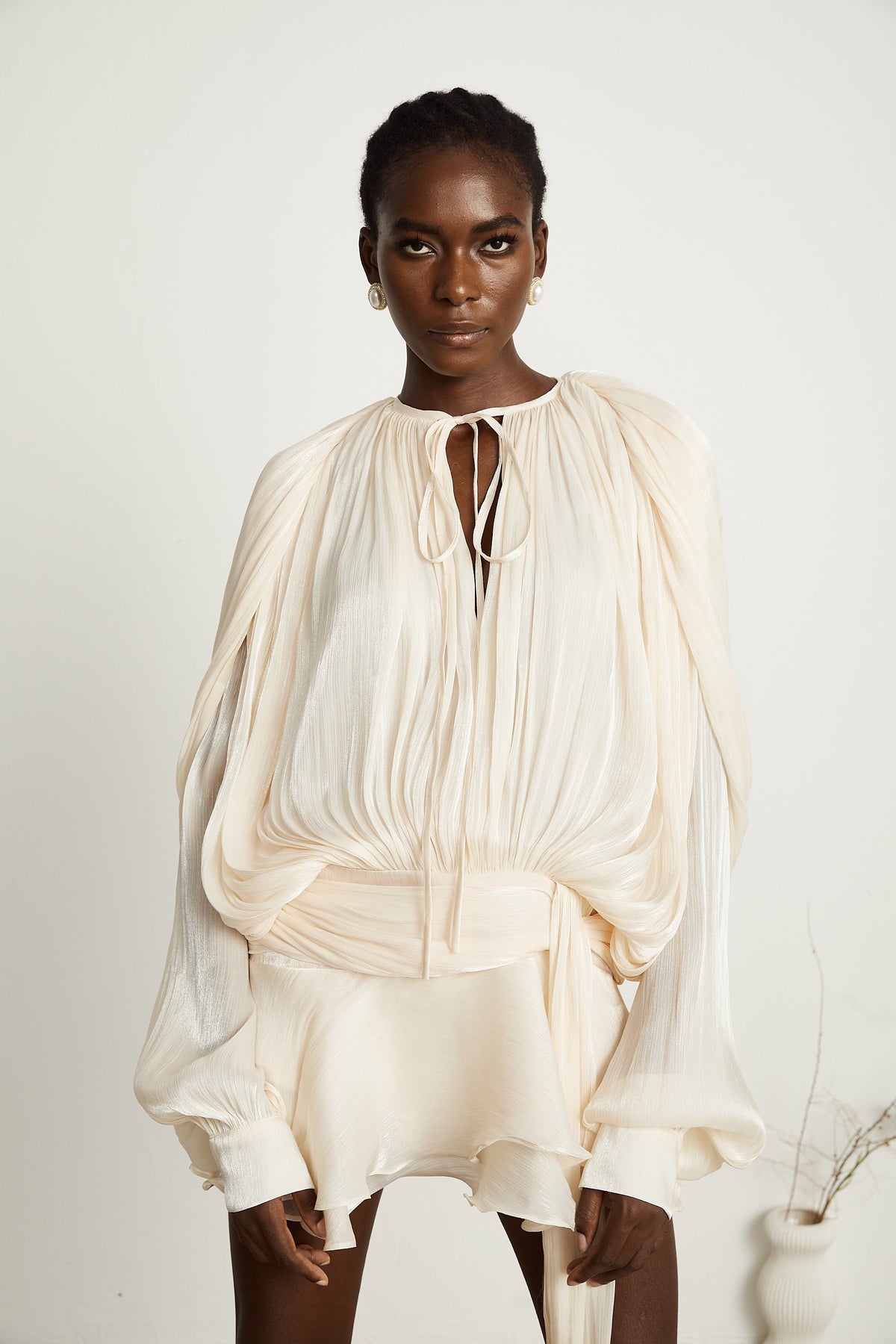 Eugénie Pleated Ruffle Mini Dress — Neutral