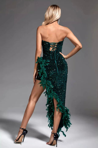 Kira Sequin & Feather Maxi Dress — Dark Green