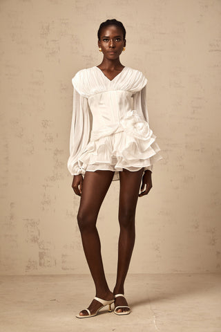 Rosier Pleated Ruffle Mini Dress — White