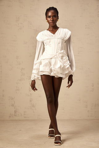 Rosier Pleated Ruffle Mini Dress — White