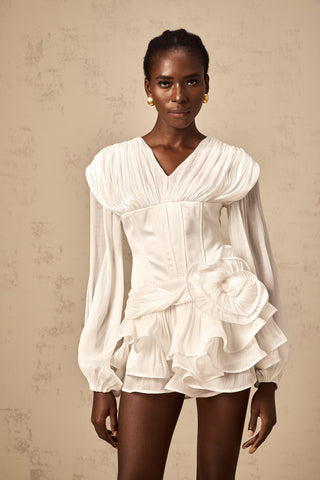 Rosier Pleated Ruffle Mini Dress — White